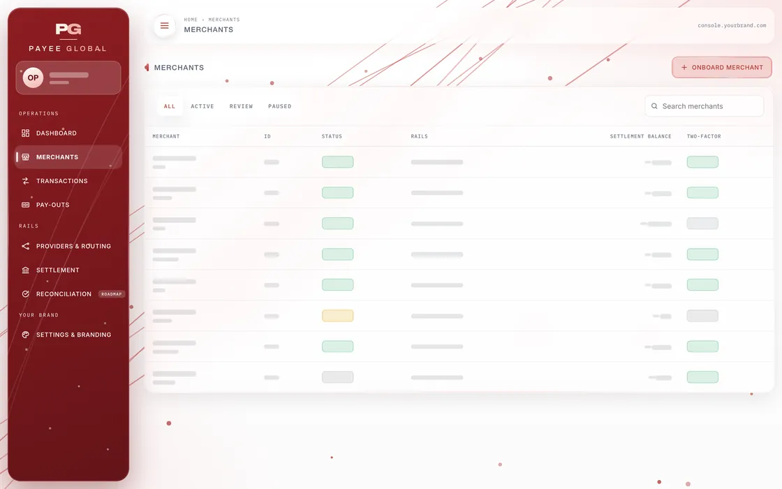 Merchants screen of the admin back office, values hidden