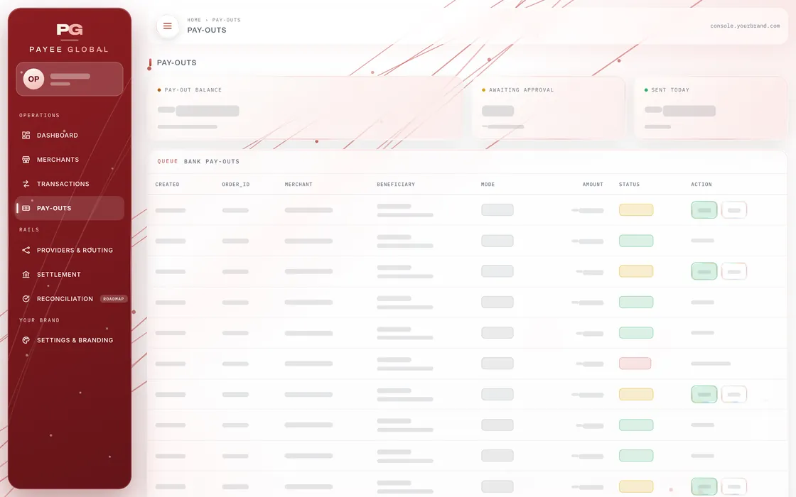 Pay-outs screen of the admin back office, values hidden
